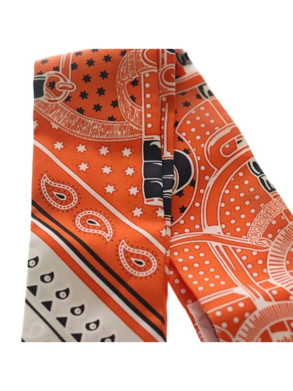 Hermes Eperon D'or Cut Apron Cut Bandana Pattern Silk Scarf Orange White